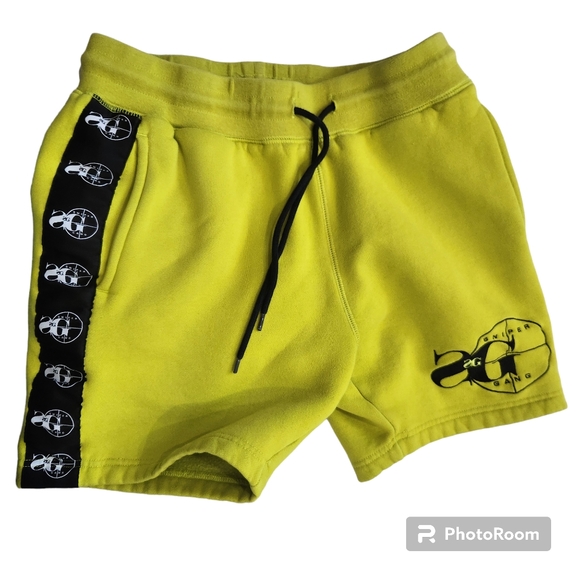 Sniper Gang Cross Hairs Ribbon Logo Green Fleece Sweat Shorts "Everything 1K"  S - Picture 2 of 14